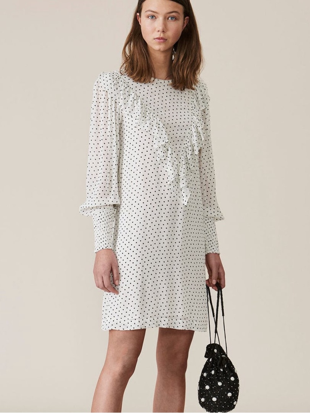 GANNI Vintage Inspired Rometty Georgette Polka Dot Ruffle White Mini Dress 40